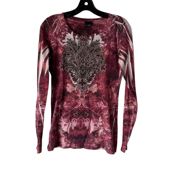 Daytrip Tops - Daytrip Y2k Burgundy Burnout Paisley Rhinestone Long Sleev Top Grunge Whimsigoth